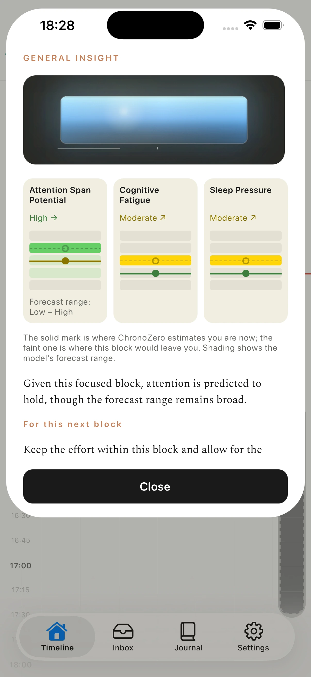 Expanded native iOS Insight showing the state signature, capacity forecasts, and reasoning