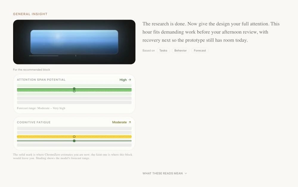 Insight widget with a state signature, current and forecast markers, and an explanation grounded in tasks, behavior, and forecast