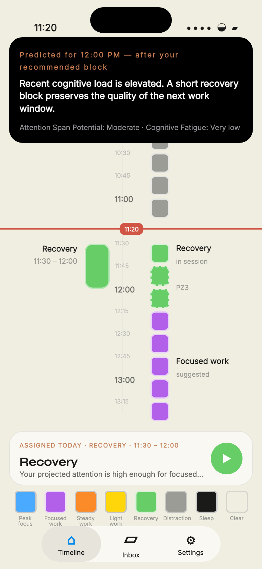 ChronoZero recommendation screen proposing a focused work block with its reasoning